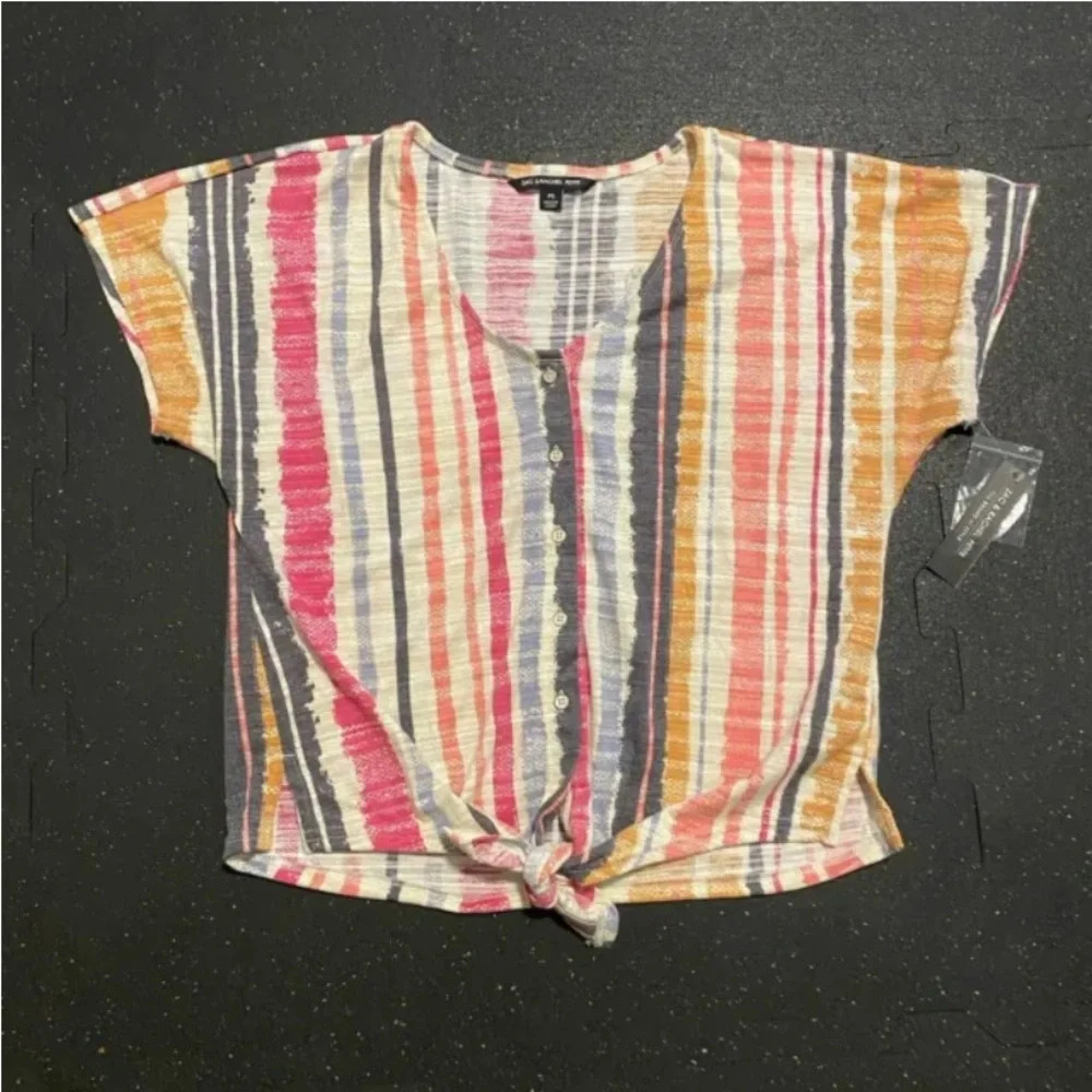 NWT Zac & Rachel Button-Down Stripe  Roll Tab Sleeve Tie Front Top Blouse Sz PS